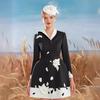Vietnamese Embroidered Black & White Asymmetrical Neckline Dress 22289