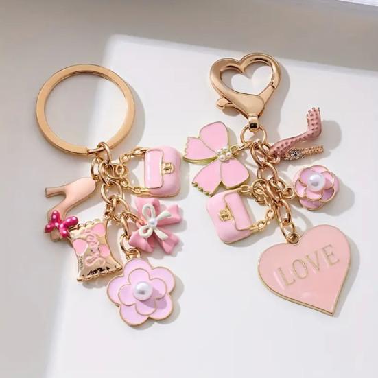 Yousheng Keychain Pendant with Faux Pearl Embellishment Enamel Heart Bowknot Flower Charm Key Chain Decorative Accessory