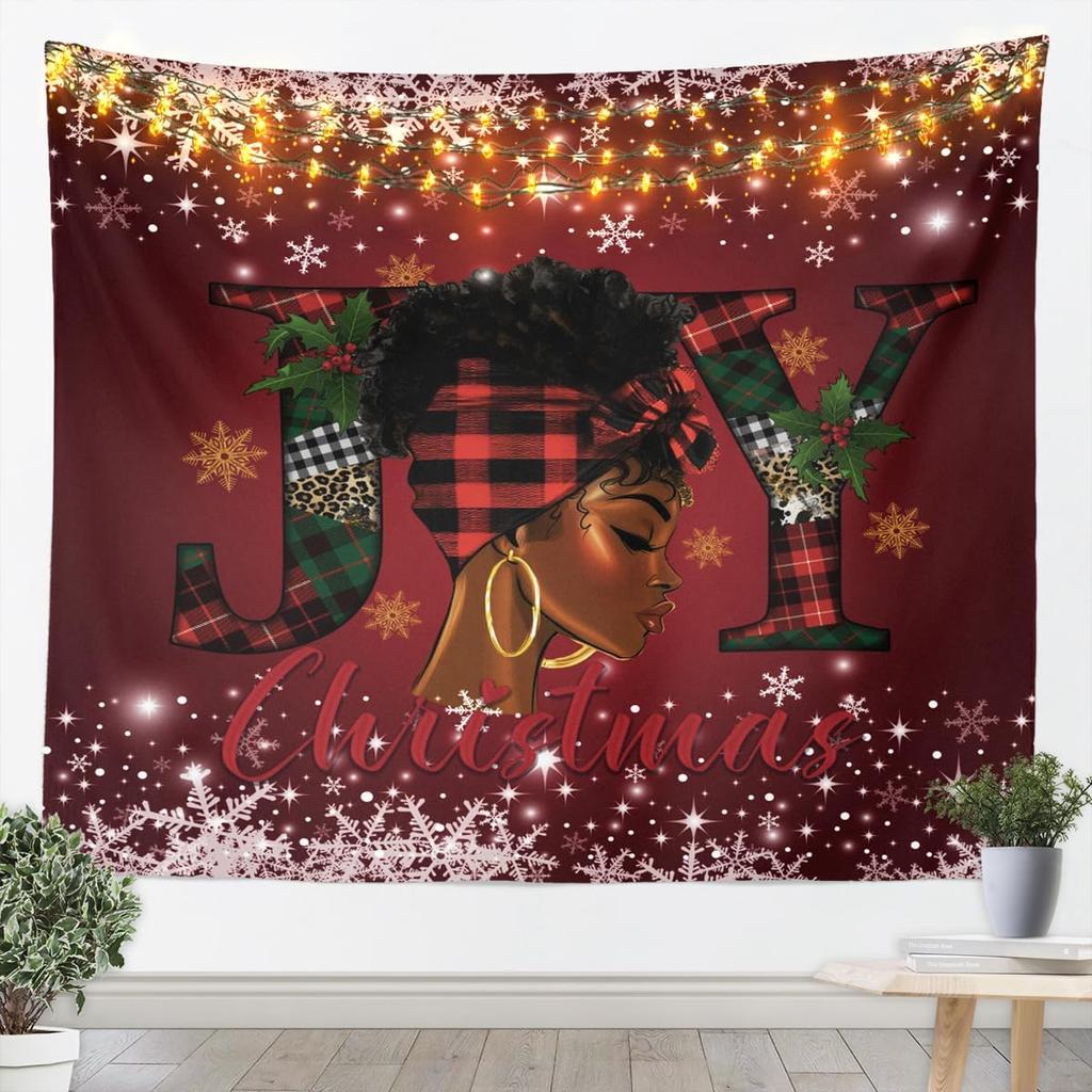 Black Santa Claus Tapestry Afro African American Wall Art Merry Christmas Wall Hanging Blanket for Living Room Bedroom Home