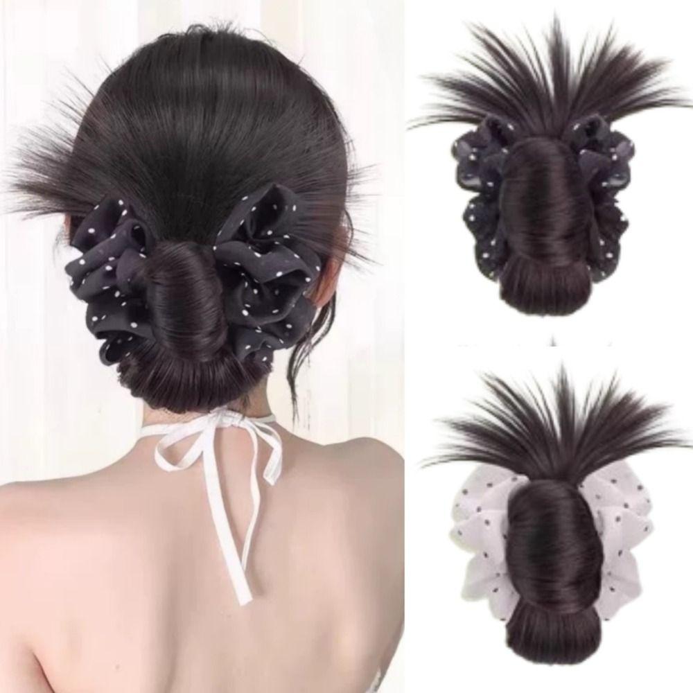 Polka Dot Messy Bun Head Wig Claw Clip False Hair Pieces Chicken Feather Ball Head  Women