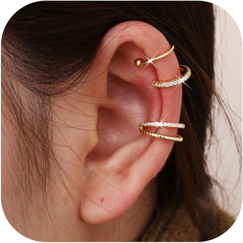 Ear Cuff Earrings for Women Non Piercing 14K Gold Plated Ear Cuffs Non Pierced Adjustable Fake Earrings Jewelry 3-4PCS