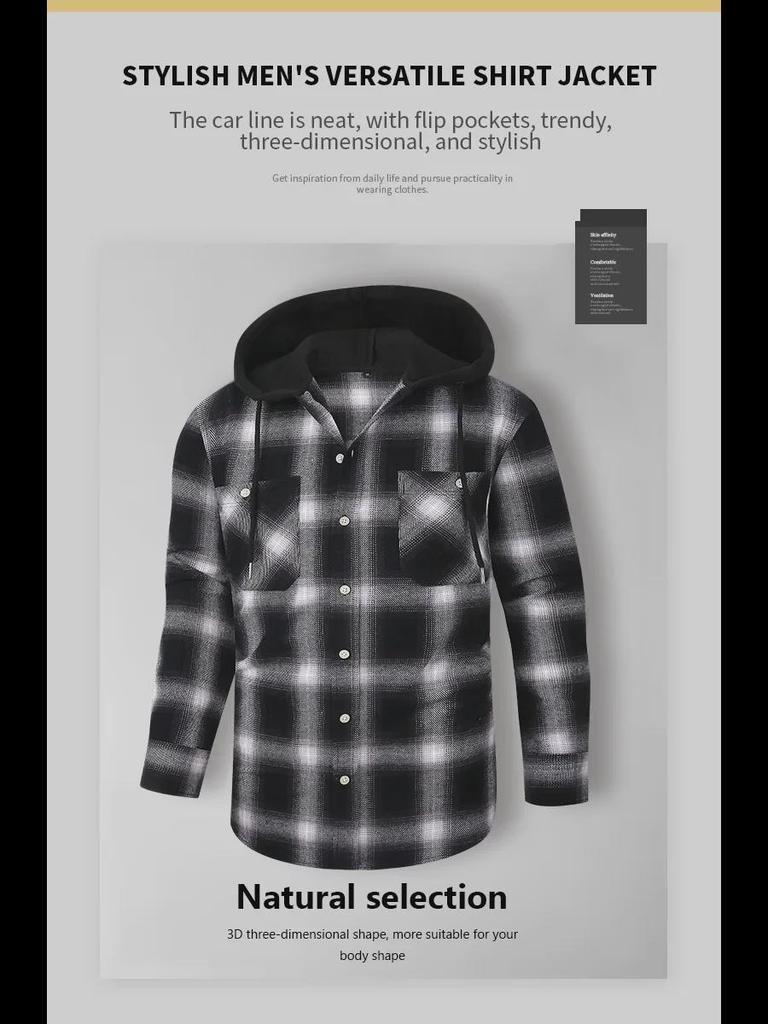 2024 Wiosna Męska Koszula Kraciasta Flanelowa Z Kapturem - Długi Rękaw, Wysokiej Jakości