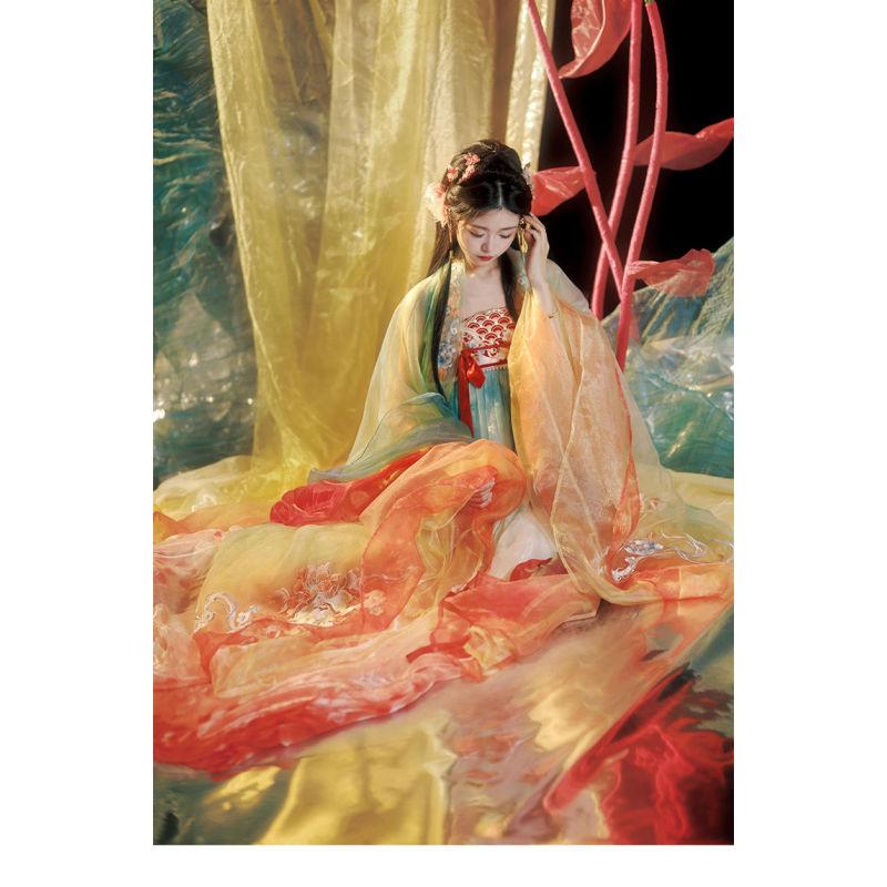 Hanfu Gradient Fish Scale Print Suit Gradient Tričko s velkým rukávem Koi Hanfu Fairy Elegantní dámské oblečení