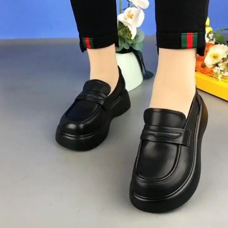 Damesko i skinn damesko fritidskomfortable svarte små sko med myk såle damesko enkeltsko sklisikre sko britisk stil