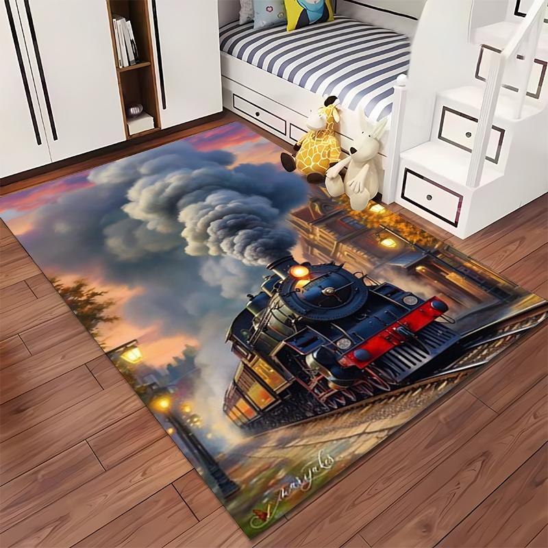 Black Steam Locomotive, Vintage Style, Full of Power Suitable for Use As an Anti-slip Game Mat for Living Room and Bedroom Sofas
