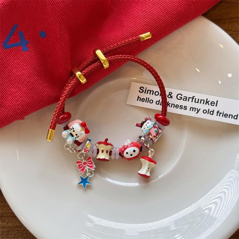 Brățară drăguță Sanrio Hello Kitty Fundă Măr Pandantiv Kt cu mărgele Cadouri de ziua de naștere Accesorii trendy girly Ajustabilă