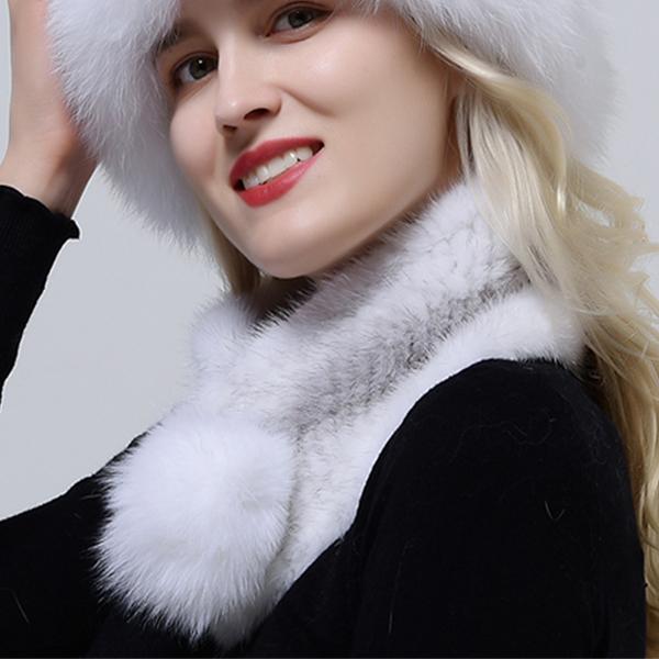 Hot Sale Rex Rabbit Fur Hats Scarf Set Elastic Knitted Winter Hat Women Genuine Warm Fur Caps Luxury Woman Fox Fur Bucket Hat