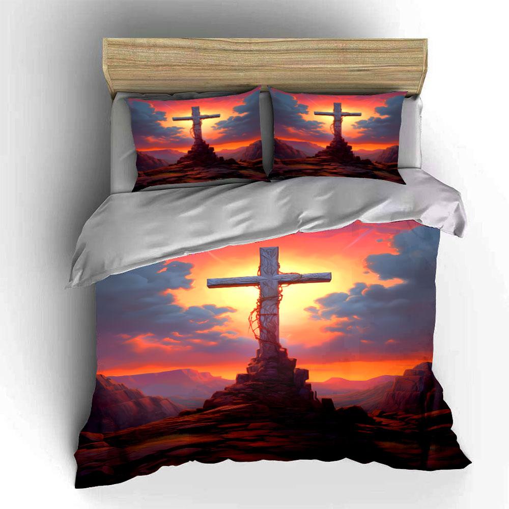 Cross with sunset background. Bedding sets Duvet cover sets Duvet covers Pillowcases(1*Duvet Cover 2*Pillowcases without duvet insert)