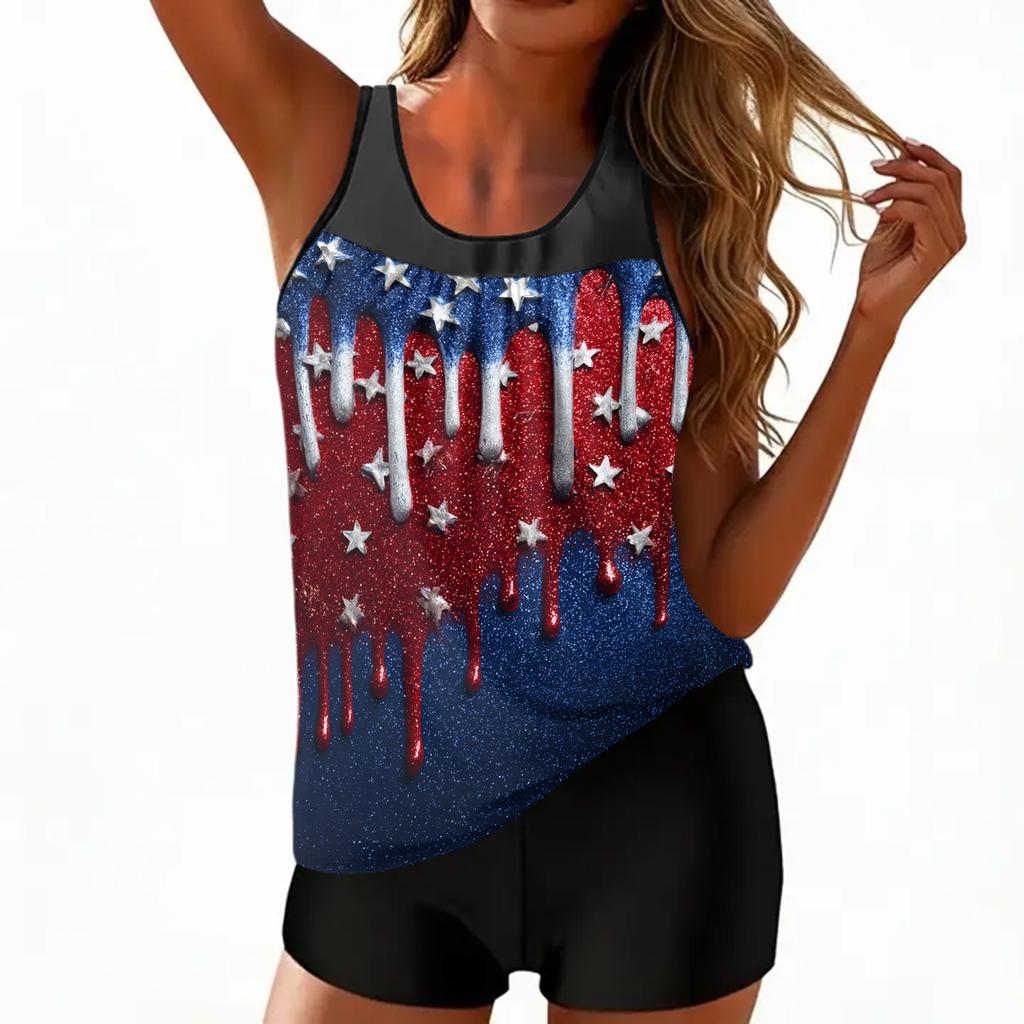 Women’s Tankini Swimsuit Set with Star and Stripe Print Sleeveless Top and Solid Swim Shorts for Beach Pool Wear
