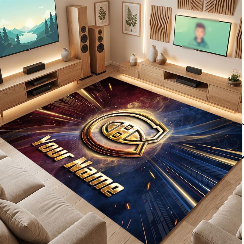 Montreal Canadiens Personalized Crystal Velvet Carpet, Customized Name Text Soft Anti‑Slip Rug for Living Room Bedroom