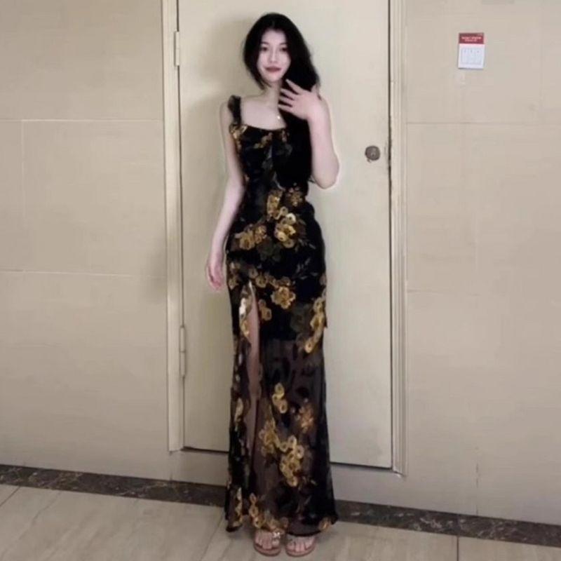 

Fancy Black Shivering Sleeveless Split Dress Women s Summer Seaside Vacation Style Beach Dress 2025 New Arrival Black quality version 40/45kg/S