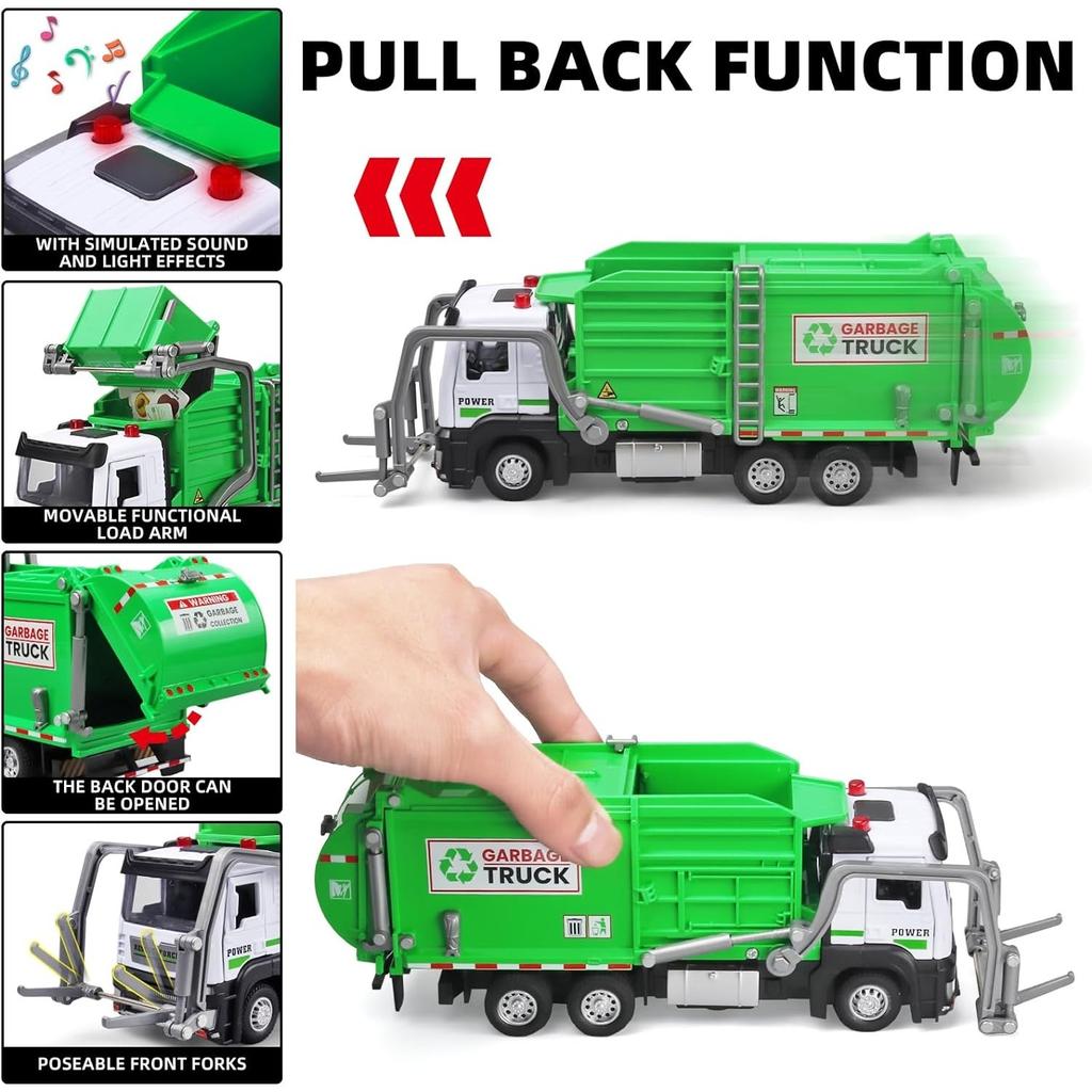 Garbage Truck Toys,Metal Diecast Cab,Pull Back with Lights and Sounds,Recycling Truck Toy with Trash Cans and Bins,Garbage Trucks for Boys Age 4-7
