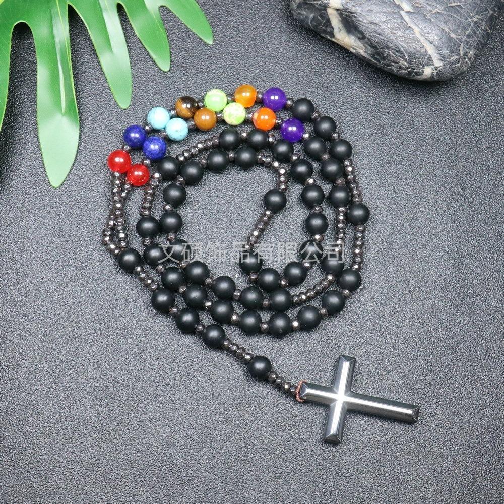 Collier pendentif croix en pierre naturelle, Croix en pierre d'œil de tigre et fer à bille chapelet collier pour homme