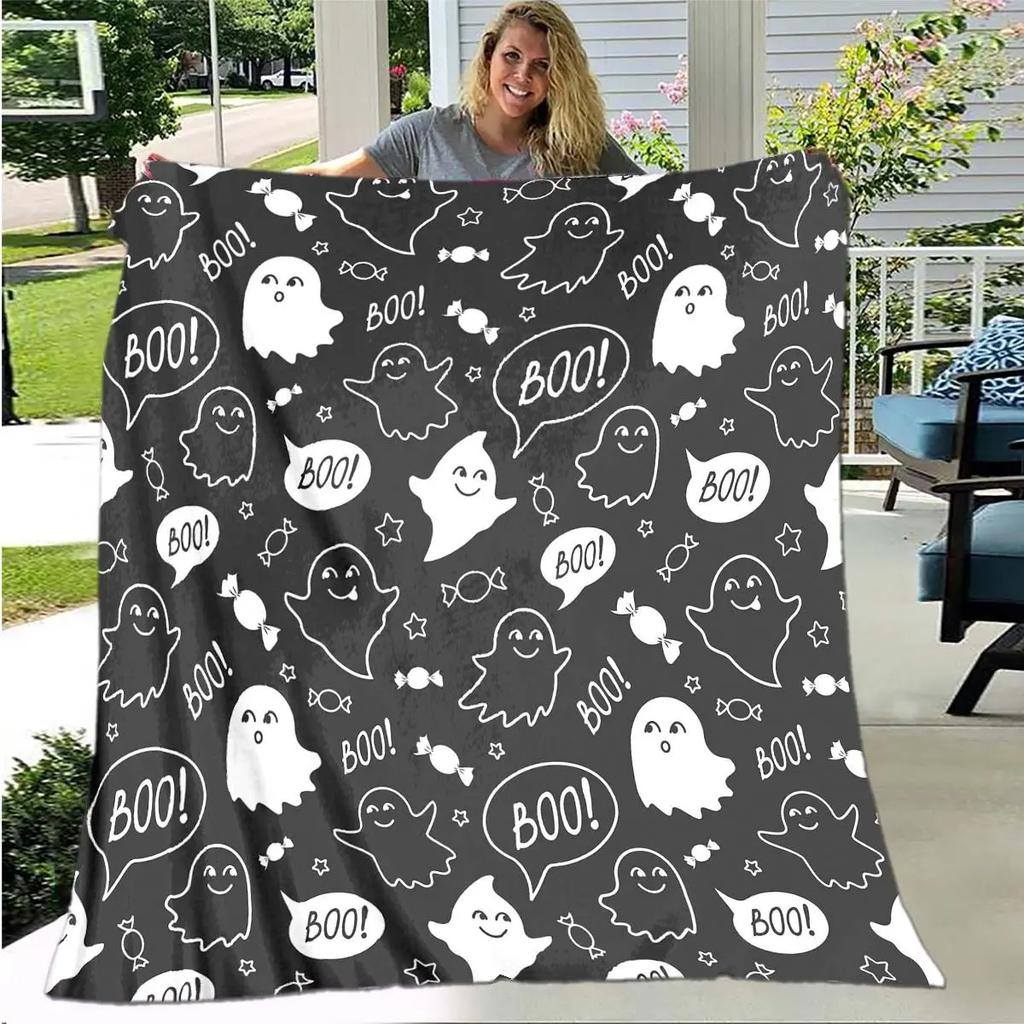 Halloween Ghost Pumpkin Cartoon Digitalprinted Polyester Velvet Flannel Cover Blanket Fleece Soft Sofa Cover Blankets for Beds