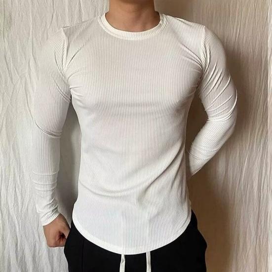 Men Sport Top Slim Fit High Elasticity Striped Texture Round Neck Quick-drying Long Sleeves