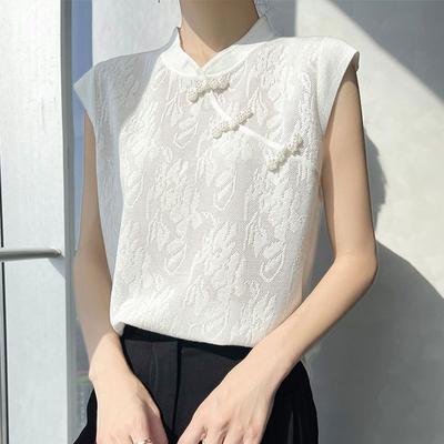 Chinese-style Stand-up Collared Top with Buckles Summer Ice Silk New Knitted Sweater