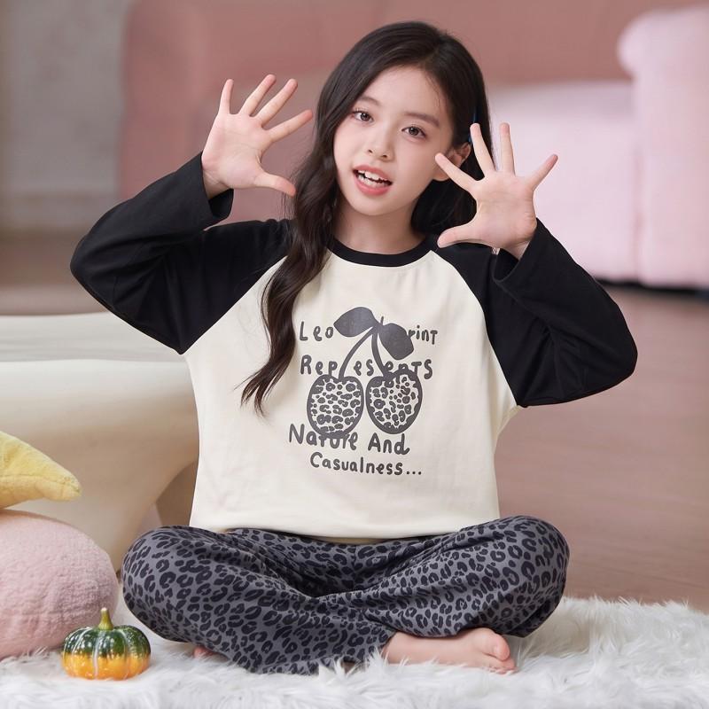 Girls Cotton Pajama Set Long Sleeve Round Neck Cartoon Print Sleepwear Kids Teens Home Wear
