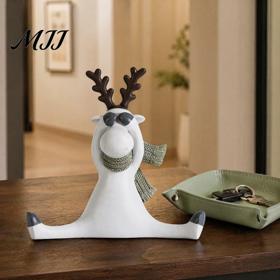 Winter Holiday Desk Ornaments Nordic Minimalist Resin Reindeer Figurine with Knitted Scarf, Cute Healing Deer Statue, Matte White Elk Figurines