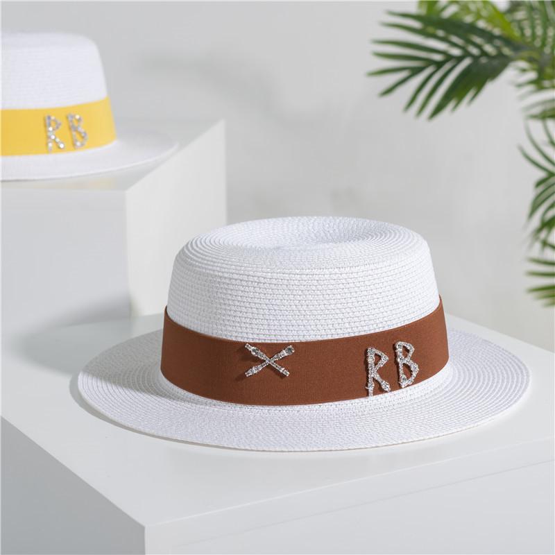 2022 new rhinestone RB letter flat top hat sunscreen black and white straw hat top hat holiday straw hat