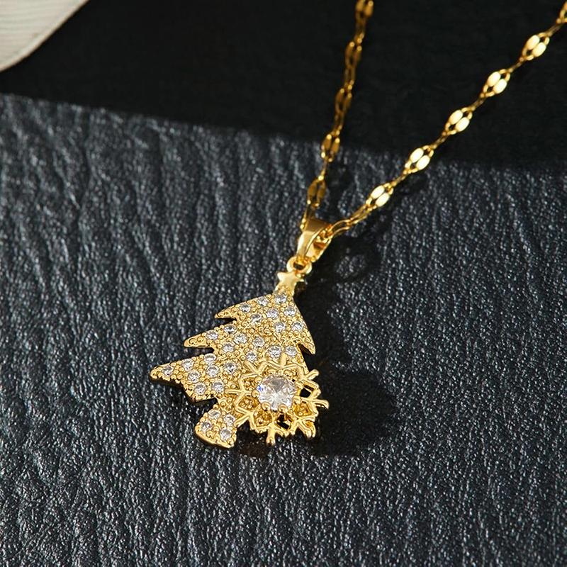 Huitan Sparkling Cubic Zirconia Christmas Tree Snowflake Pendant Necklace for Women Festival Luxury Party Aesthetic Jewelry GiftGood Product