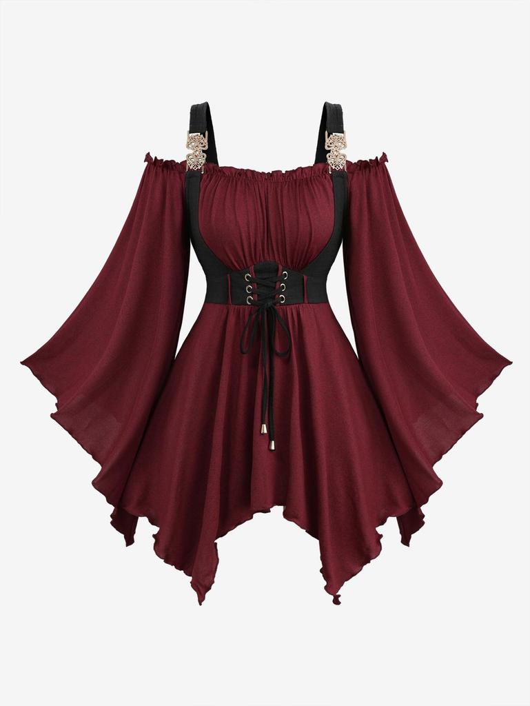 Rosegal Plus Size Lace Up Ruched Ruffles Flare Sleeves Buckle Cold Shoulder Asymmetrical T-shirt