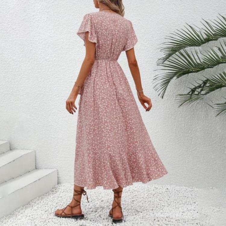Boho Flowy Summer Floral Maxi Dress for Women V Neck Short Sleeve Wrap Beach Dress Casual Long Dress with Ruffle Hem and Split