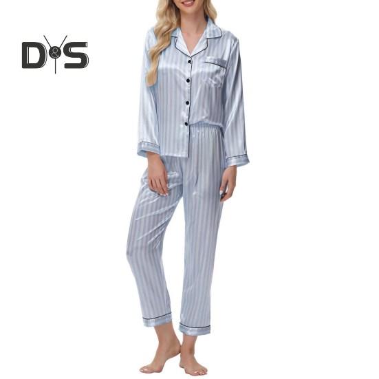 2Pcs Women Silk Satin Pajama Set Lapel Button Down Tops & Pants Set Stripe Loose Sleep Shirt & Elastic Waist Pants Loungewear Outfit