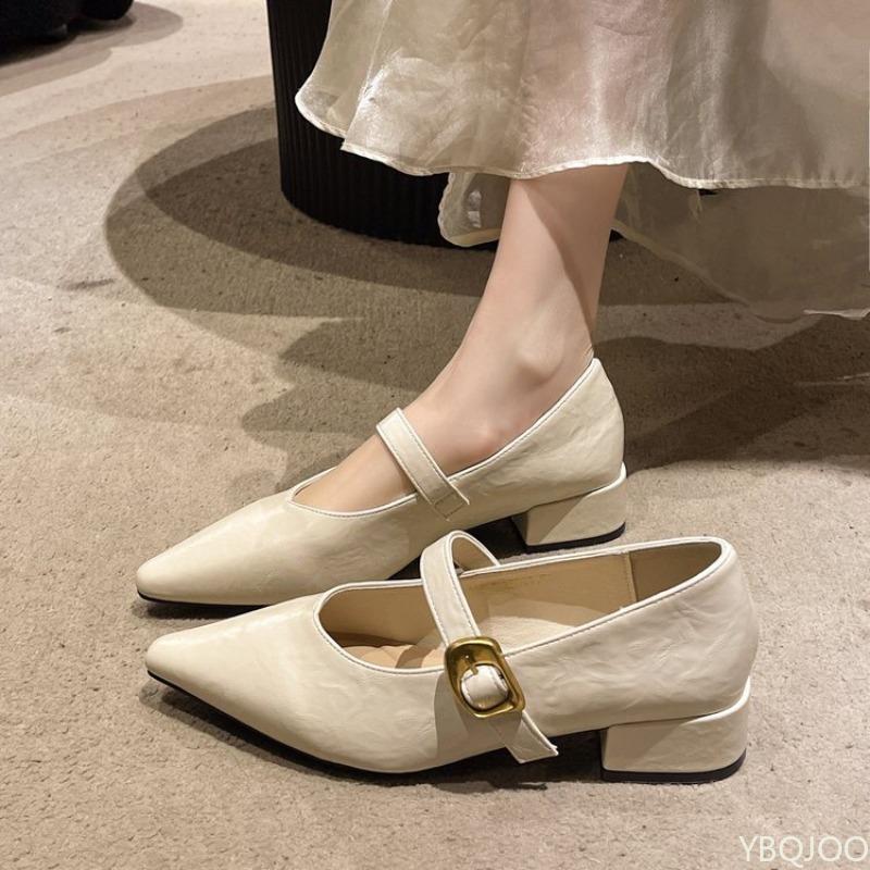 Fashion Elegant thick heeled pointed single shoes for summer breathable shallow mouth comfortable commuting small leather shoes