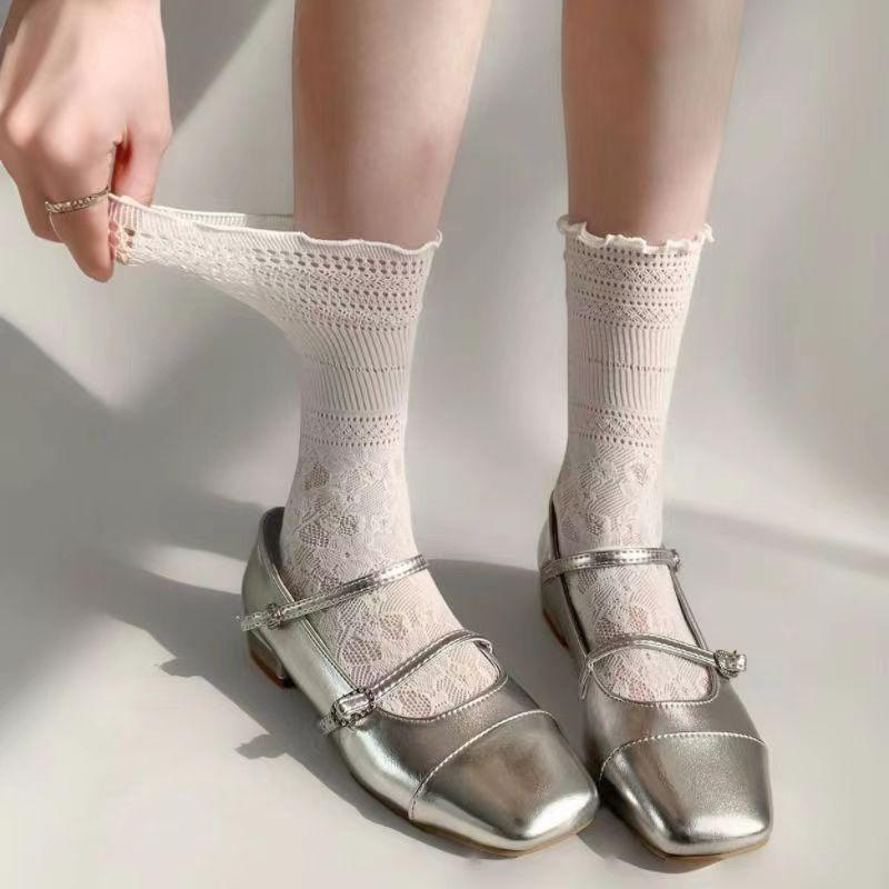 Women's Spring and Summer Mid-calf Socks, White Lace Cutout Pile Socks, Thin Lace Socks with Black Ear Edges