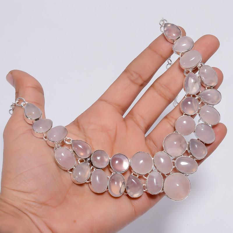 Excellent Top Grade Qualite 100% Natural Rose Quartz Ethnic Style Handmade Jewelry 925 Steling Silver Plated Necklace 17" WSJ-4779