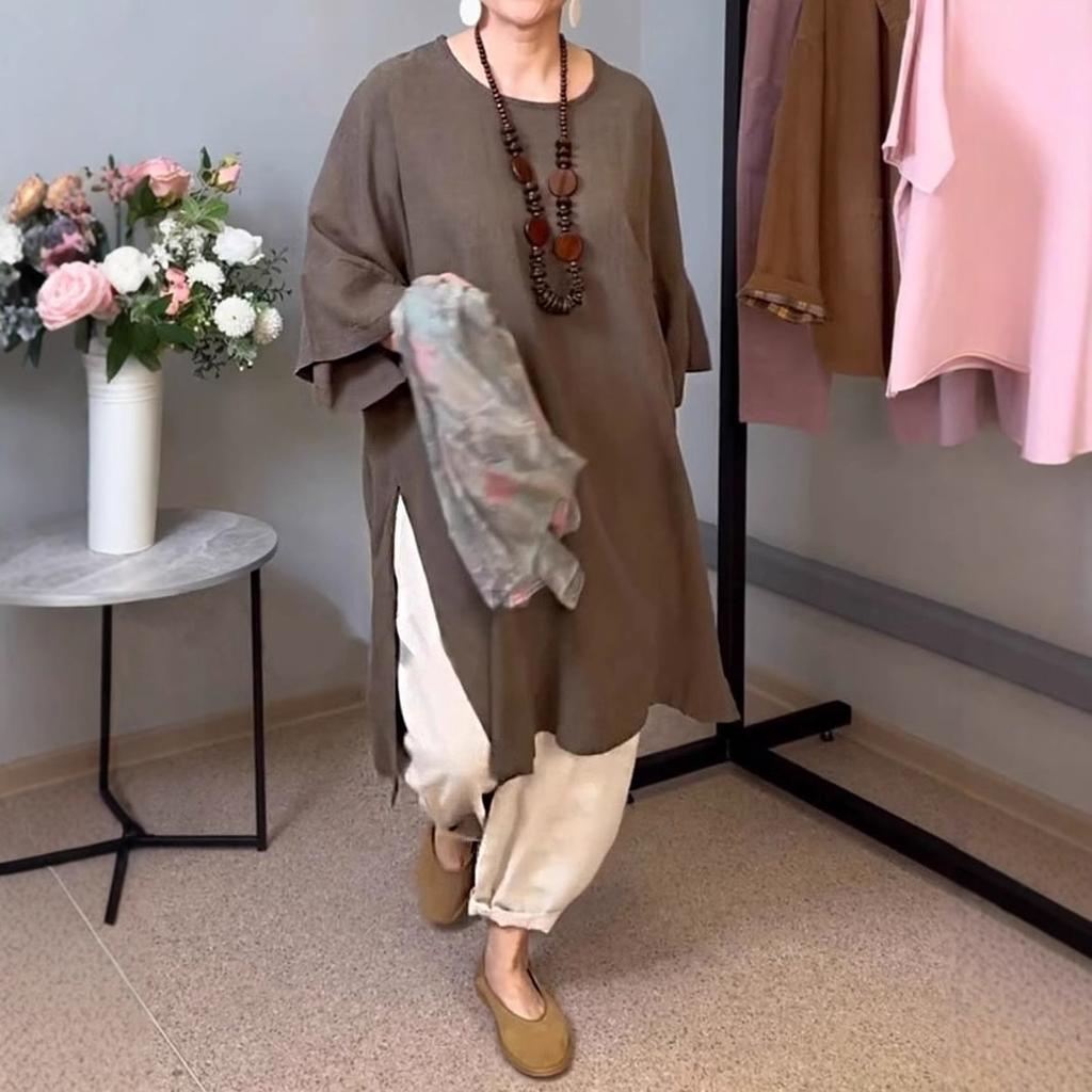 2026 summer new European and American women's solid color round neck seven-quarter sleeve casual linen split-ended long top