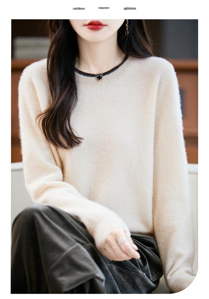100% Pure Wool Lazy Style Loose Knit Cashmere Pullover Sweater, Round Neck, Autumn/Winter.