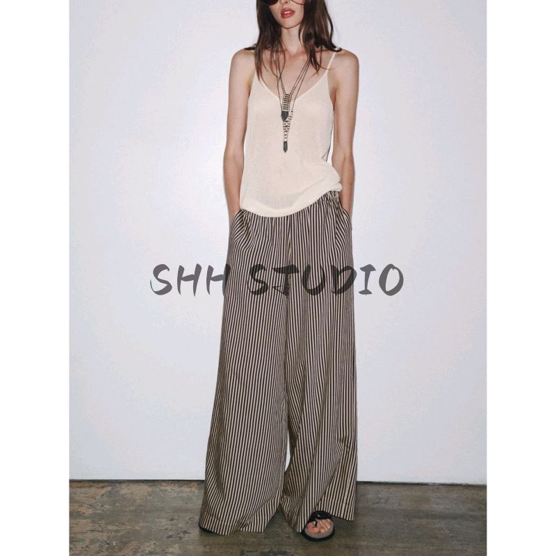 Summer New Product Women's Clothes American Viscose Blended Long Wide Faded Stripes Draping Mid-Waist Pants 3717040