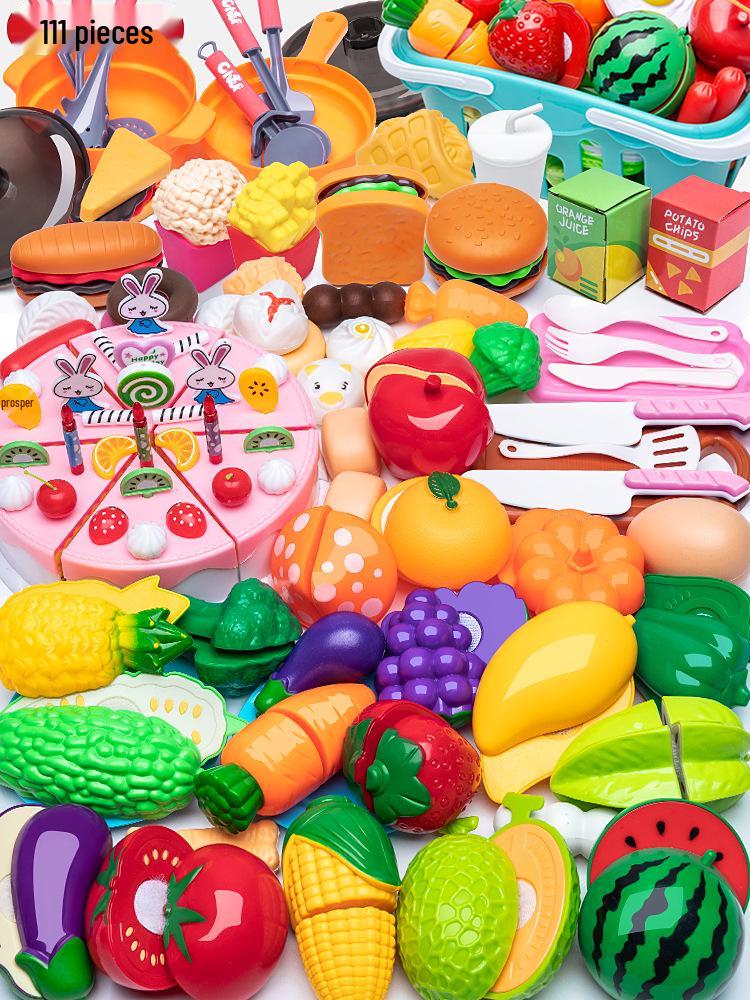 Kids' Pretend Play Kitchen & Shopping Cart Set with Cuttable Fruit and Veggies