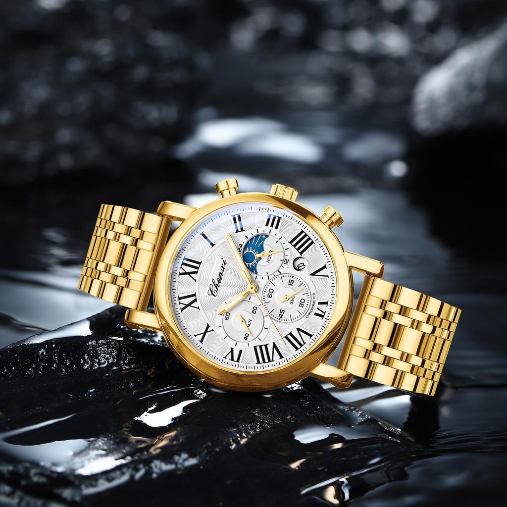 Business Gold Quartz Watches For Men Chronograph Calendar Man Watch Fashion Moon Phase Waterproof Men's Wristwatches