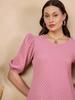 Pink Self Design Puff Sleeve Puff Sleeve Top