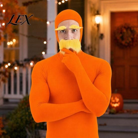 Halloween Dress Up Costume Face Open Costume, Unisex Full Body Orange Bodysuit with Beard Yellow And Eyebrows for Men Women, Adult Stretchy