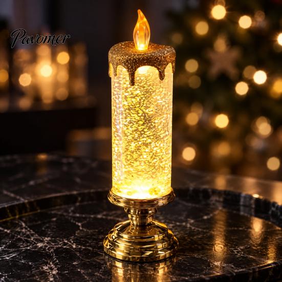 Flameless Candle Lantern Christmas LED Lamp, Glimmering Glitter Glow with Sparkling Room Ornament Simulated Flame, Holiday Tabletop Decoration
