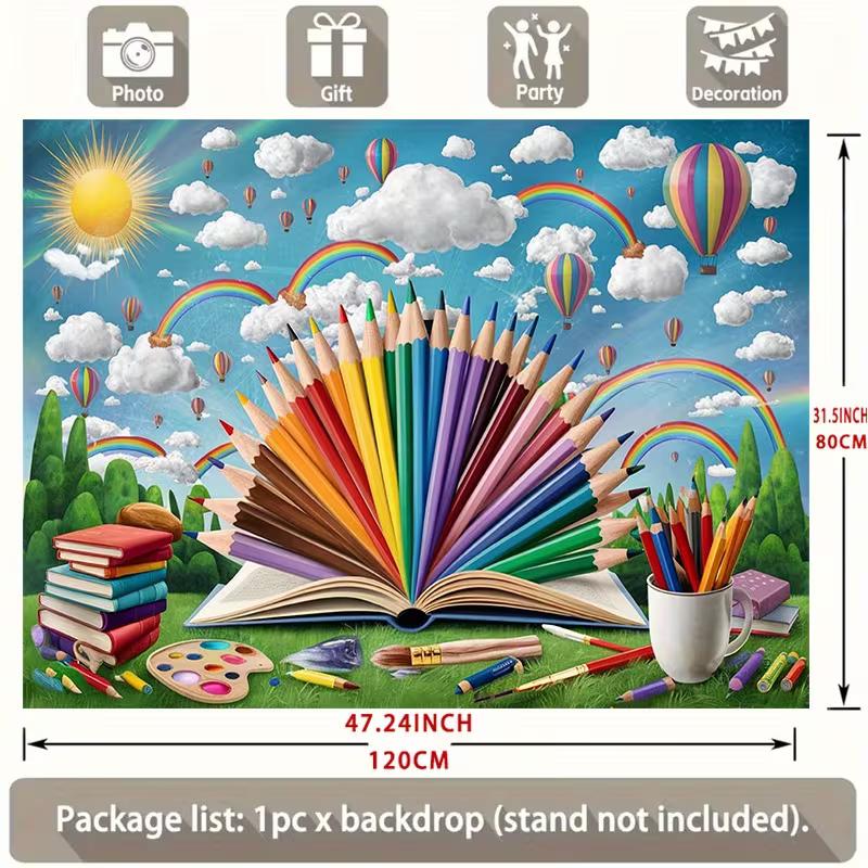 Colorful Pencil & Book Backdrop, Art Classroom Photography Background