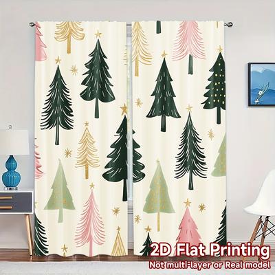 2pcs,Curtains Christmas Trees Festive Holiday (3) Chic Print Curtains Versatile Polyester Fabric Curtains Thermal Insulation,
