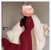 Women's Red Slim Knit High-Neck Dress with Inner Layer - Perfect for Autumn & Winter, New Year Outfit.