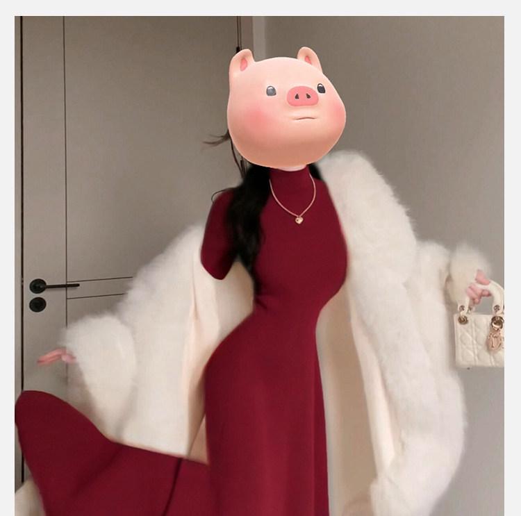Women's Red Slim Knit High-Neck Dress with Inner Layer - Perfect for Autumn & Winter, New Year Outfit.