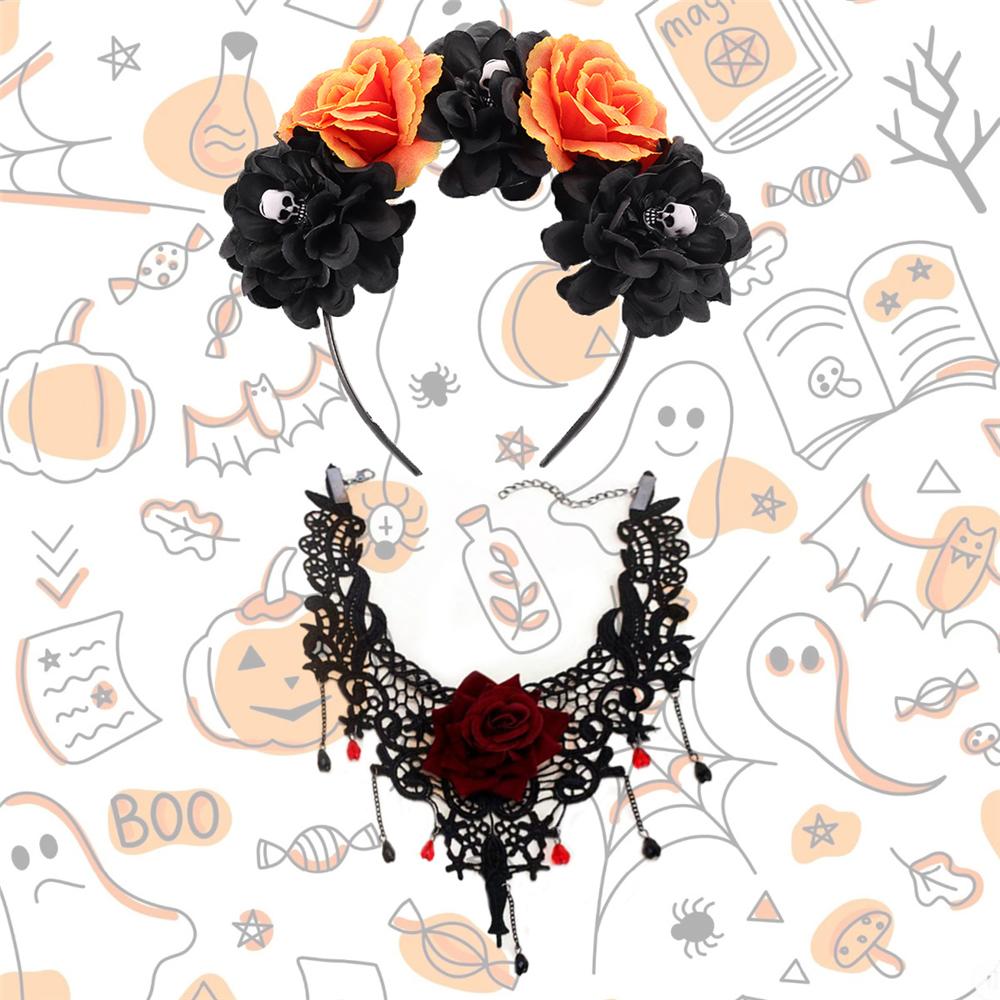 Skull Rose Hair Bands & Necklace Set Novelty Day of The Dead Headpiece for Women