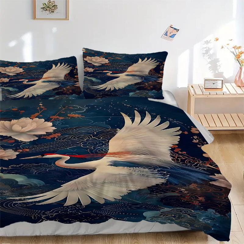 

3PCs Crane, Floral Design Cover Set, Breathable Fabric, Machine Washable (1 Duvet Cover + 2 Pillowcases) (Without Quilt) yy250911152 135x200cm