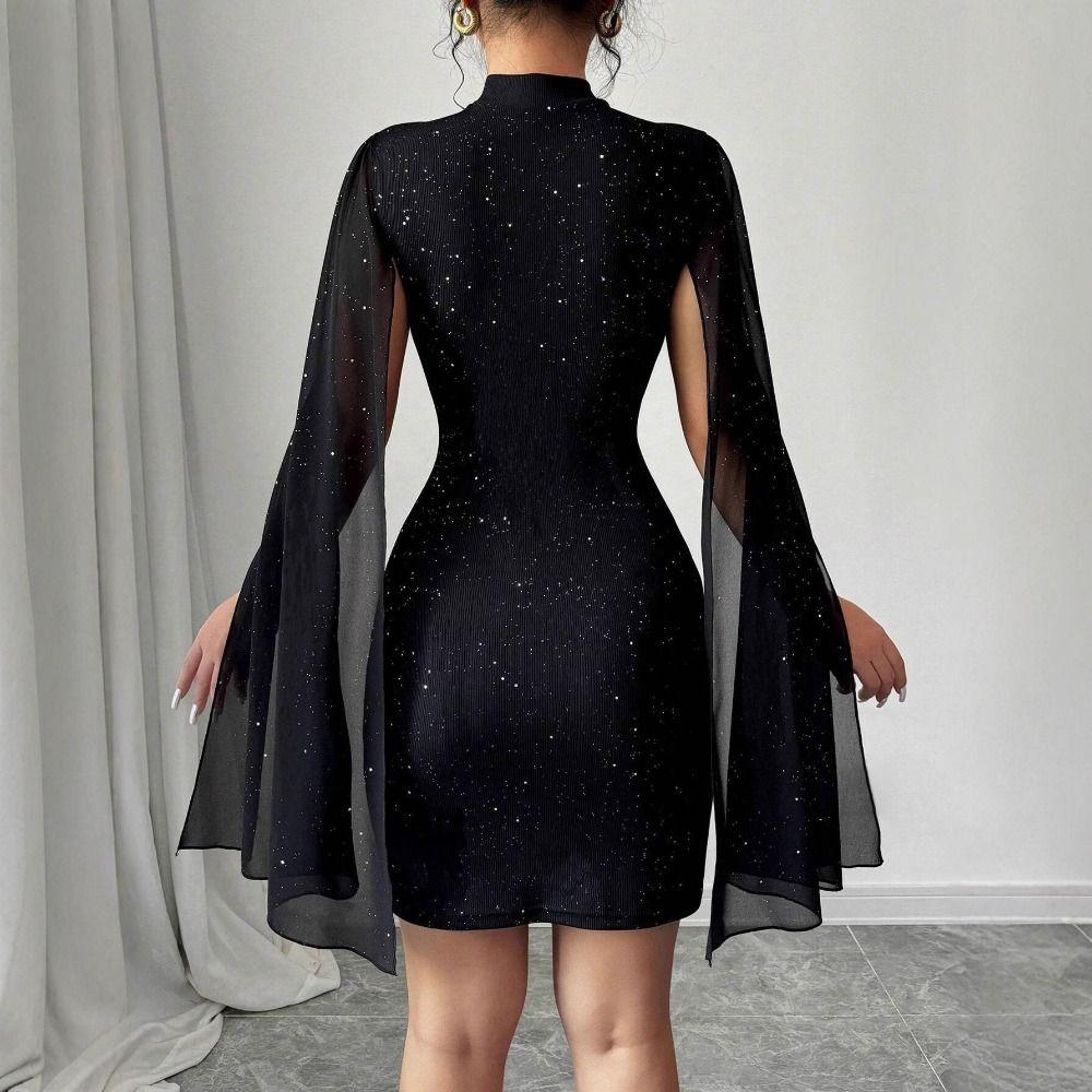 Half Neck Women Glitter Party Dress A-line Slim Evening Dress Chiffon Cape Red Dress  Ladies Girl