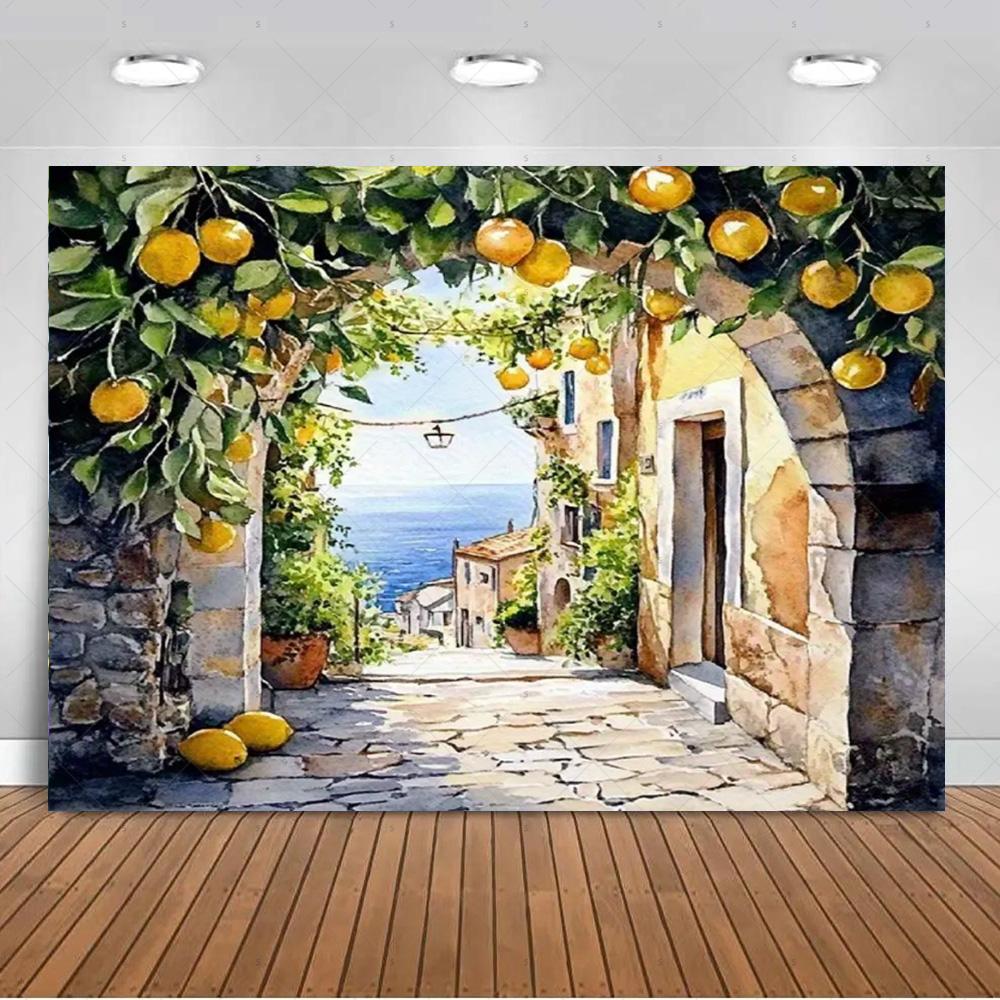 Seaside Town Lemon Tree Background Banner Open Window Landscape Backdrop Supplies Photography Prop Birthday Party Decorations