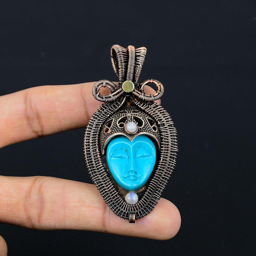 Geschnitzter Knochen-Gesichts-Edelstein, reiner Kupferdraht, umwickelt, handgefertigter Designer-Anhänger, Schmuck, Geschenk für Sie