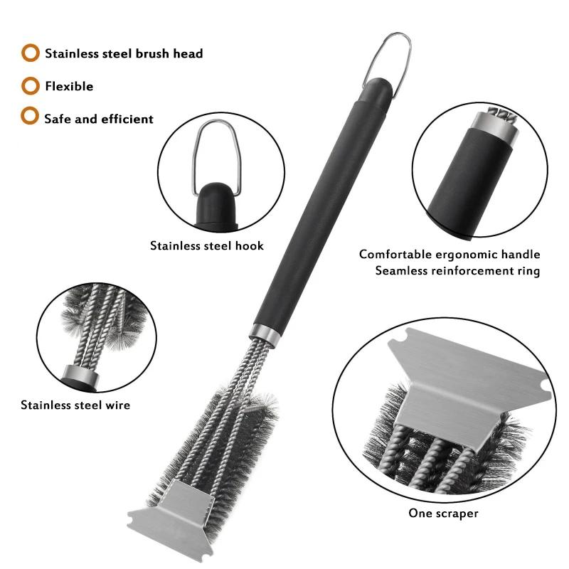 BBQ Grill Cleaning Brush Scraper Barbecue Duty Cleaner Kit Stainless Steel Bristles Cooking Tools Charcoal Cleaner With Spatula