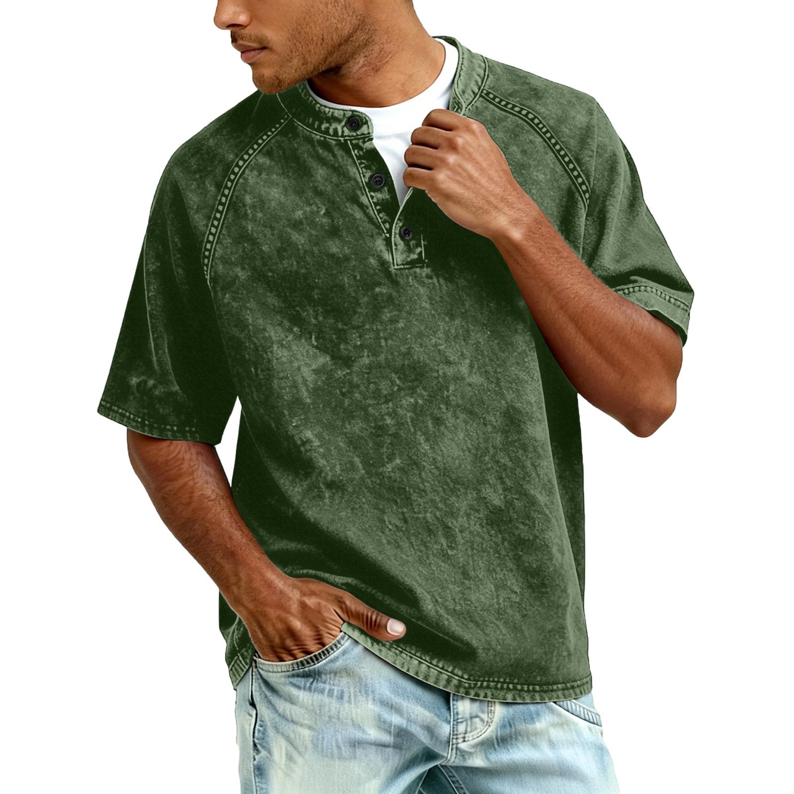 Men s Button-down Short-sleeved Fitted Distressed Washed -neck Casual Shirt L