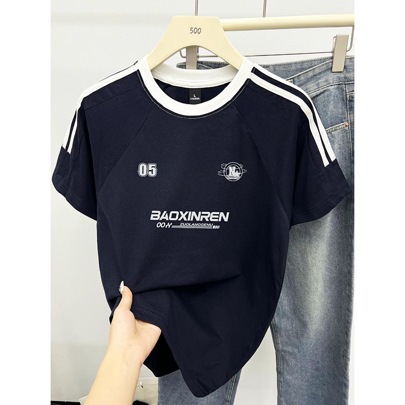 

Женская летняя 2024 футболка оверсайз из хлопка - Три полоски, принт с буквами, короткий рукав Large темно-синий